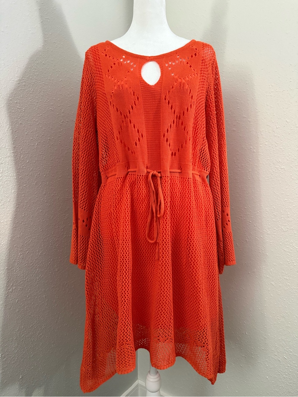 New York & Company Orange Crochet Knit Dress Swim Cover Up Tie Waist Large NWT